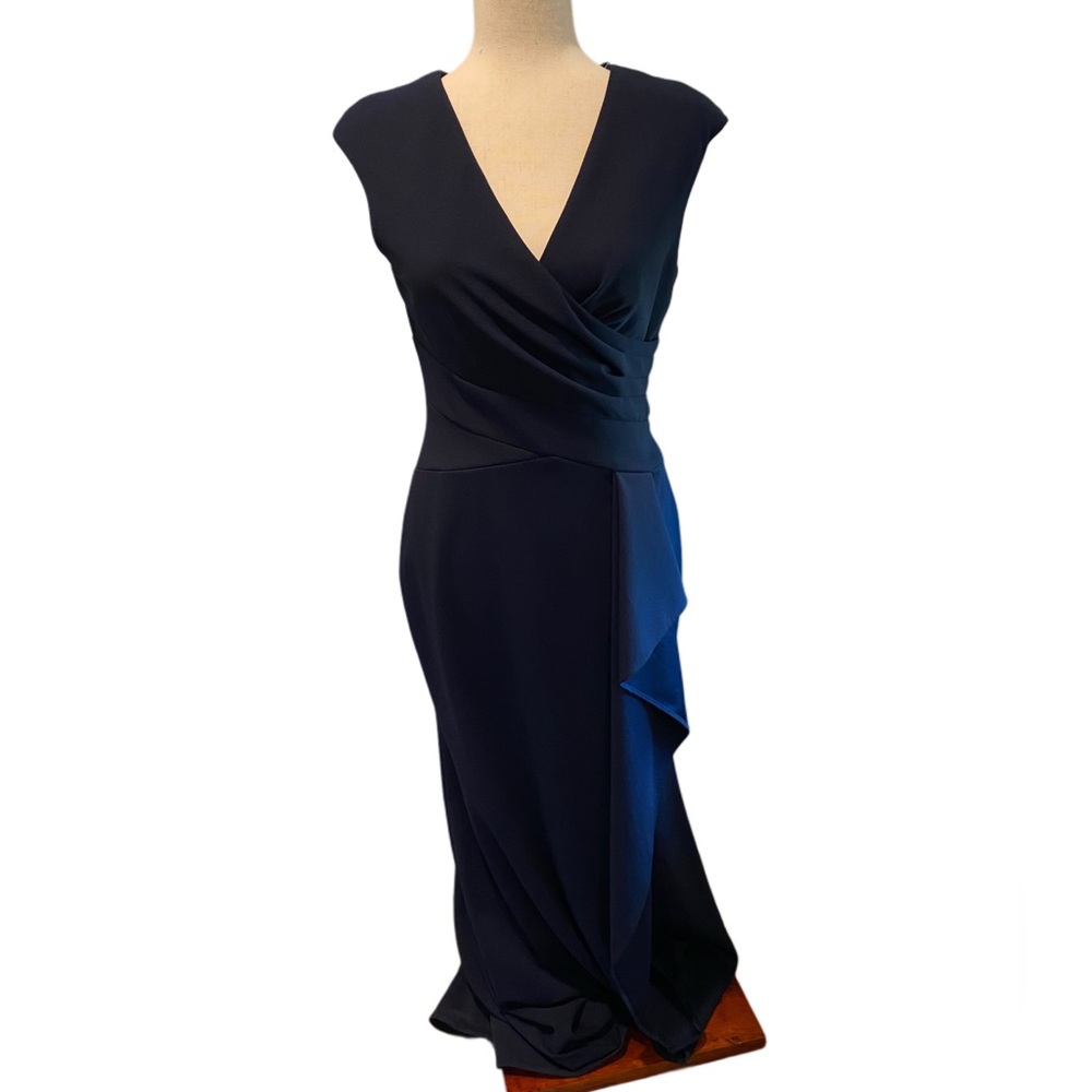 Betsy & Adam Women's Blue V-Neck Lined Ruffle-Front Scuba Crepe Dress Size 4 - Picture 6 of 10